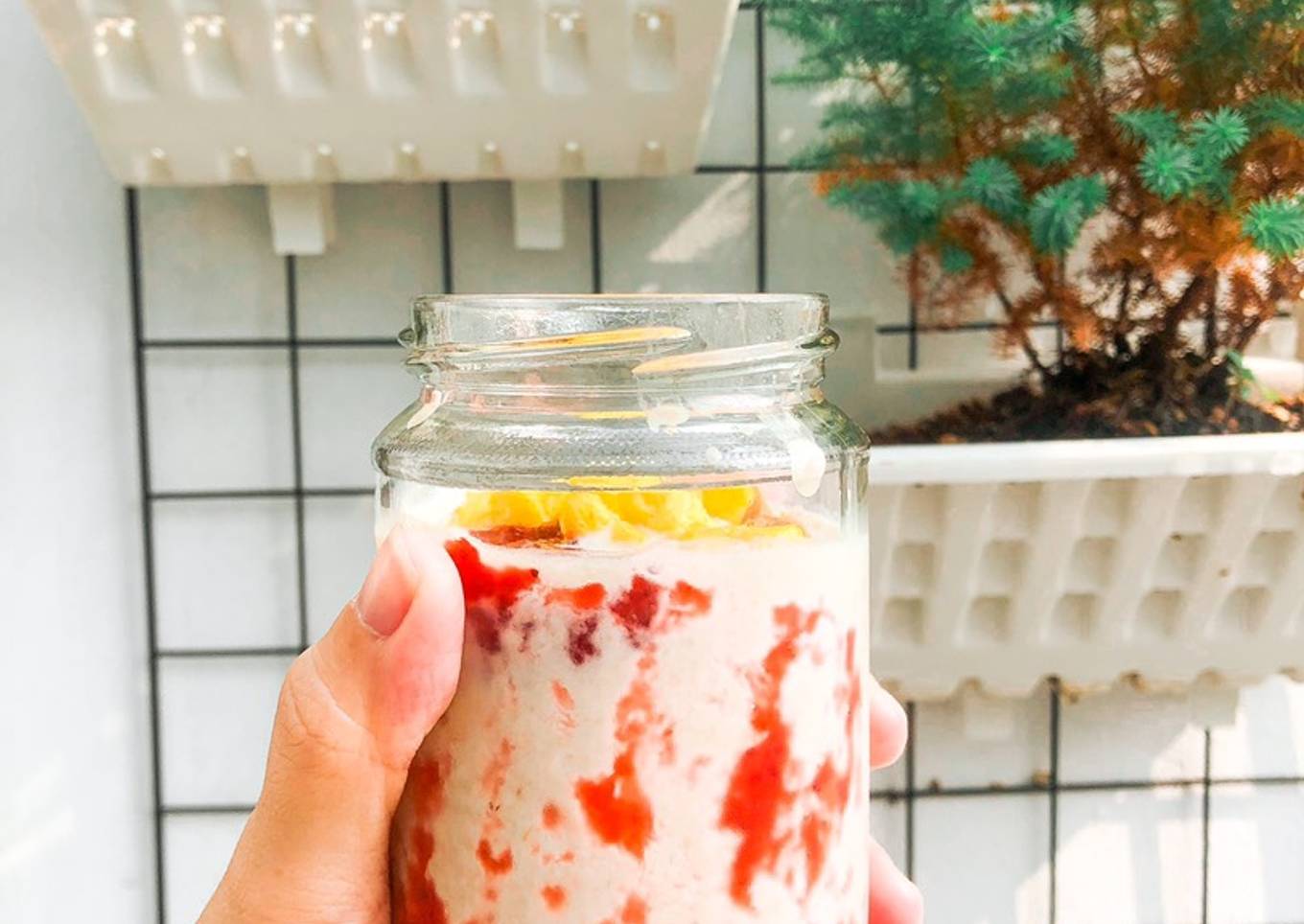 Overnight Oatmeal with Strawberry Jam + Peanut Butter