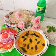 A picture of Pakoray wali dahi Curry/gramflour fritters with yogurt curry.