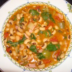 A picture of Creole black eyed pea soup with smoked ham.