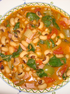 A picture of Creole black eyed pea soup with smoked ham.