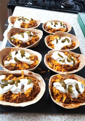 A picture of My 8 Mexican Spiced Beef Stand n stuffed Tortilla Bowls 😍.