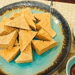 A picture of Crispy Fried Tofu with Garlicky Soy Sauce & Chili Sweet and Sour Sauce.