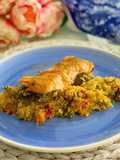 Cous cous con verduras asadas y salmón