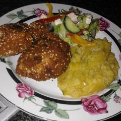 Crumbed Chicken and Vegetable Mash A picture of Crumbed Chicken and Vegetable Mash.