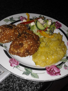A picture of Crumbed Chicken and Vegetable Mash.