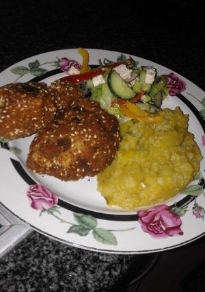 A picture of Crumbed Chicken and Vegetable Mash.