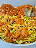FIDEOS NIDO DE ESPINACA Y AJO CON SALSA TUCO DE CARRE DE CERDO🍝🍖🍝