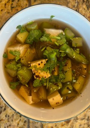 A picture of Vegetarian Asparagus, Tofu, and Glass Noodle Soup.