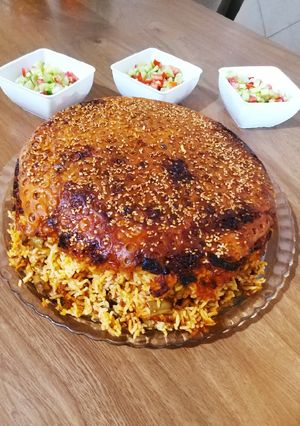 عکسی از دستور لوبیا پلو با ته دیگ کنجدی😋😍