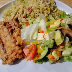A picture of My best ever cauliflower rice, hake and salad.