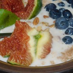 A picture of Nutrient rich breakfast-- oats with fig, blue berries and nuts. kids and adult friendly.