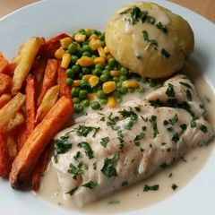 A picture of Vickys Baked Fish with Parsley Cream Sauce, GF DF EF SF NF.