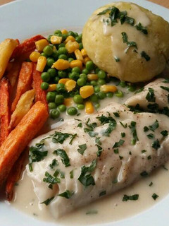 A picture of Vickys Baked Fish with Parsley Cream Sauce, GF DF EF SF NF.
