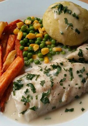 A picture of Vickys Baked Fish with Parsley Cream Sauce, GF DF EF SF NF.