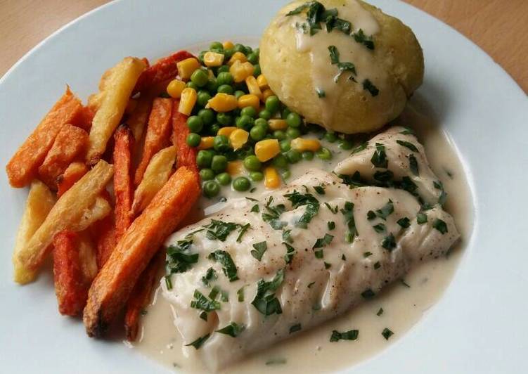 Homemade Vickys Baked Fish with Parsley Cream Sauce, GF DF EF SF NF