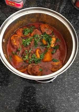 A picture of Egg Curry with Potato and Mushroom.