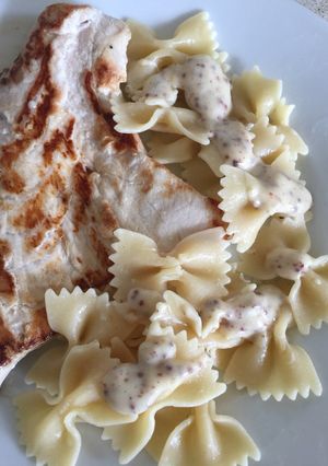 A picture of Swordfish with Honey and Mustard Pasta.