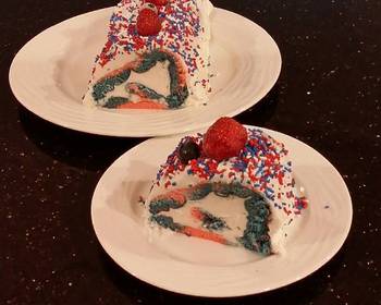 Easy Recipe Patriotic Vanilla Cake Roll with Whipped White Chocolate Ganache Filling and Frosting Delicious Nutritious