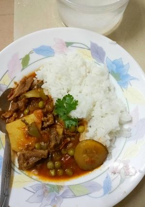 A picture of Meat and vegetable stew.