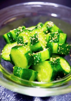 A picture of Summer BBQ or Grilled Meat Side! Addictive Cucumber Salad.