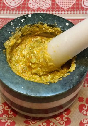 A picture of Squash Blossom Pesto (Made with a Mortar and Pestle).