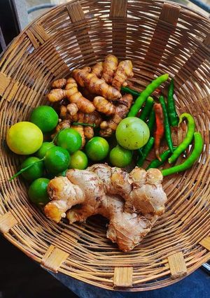 A picture of #आंबेहळद_ओलीहळद_आले_मिरची_आवळा_लिंबू_लोणचे 🥭🌶️🥘🌿♥️.