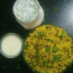 A picture of Green gram rice whole moong and garlic buttermilk.