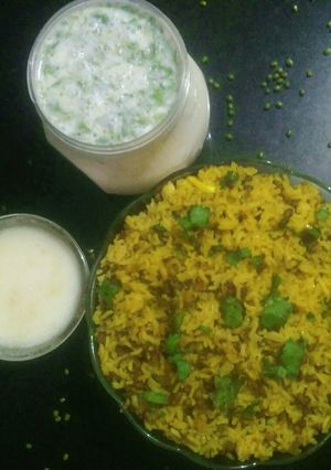 A picture of Green gram rice whole moong and garlic buttermilk.