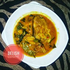 A picture of Oha soup with goat meat and stockfish.