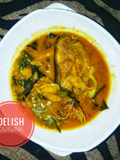 A picture of Oha soup with goat meat and stockfish.