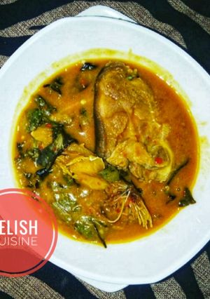 A picture of Oha soup with goat meat and stockfish.