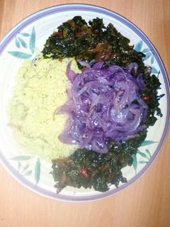 A picture of Couscous and tree spinach sauce.