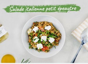 Une photo de Salade italienne de petit épeautre tomates séchées, feta, courgette et pesto