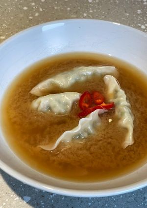 A picture of Miso Soup with Itsu Veg Gyoza 🥟.