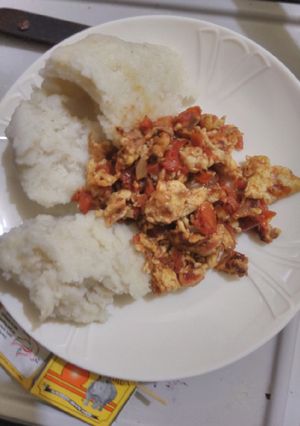 A picture of Fried Eggs with Ugali.