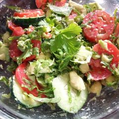 A picture of Lettuce cucumber avocado salad.