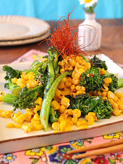 A picture of Sautéed Broccoli Rabe and Corn with Consommé and Mustard.