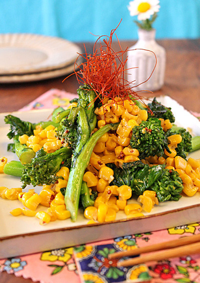 A picture of Sautéed Broccoli Rabe and Corn with Consommé and Mustard.