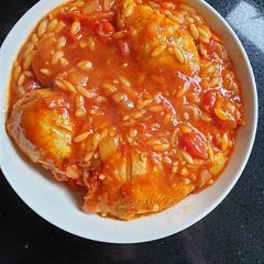 A picture of Chicken Thighs with Orzo Pasta.