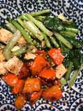 Miso roasted squash with ginger garlic tofu and greens - vegan