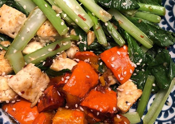 Miso roasted squash with ginger garlic tofu and greens - vegan