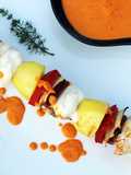 Monkfish and Potato Skewers with Chorizo Cream