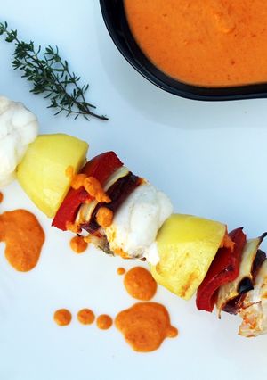 A picture of Monkfish and Potato Skewers with Chorizo Cream.