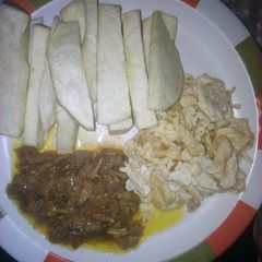 Fried yam, shredded beef and scrambled eggs A picture of Fried yam, shredded beef and scrambled eggs.