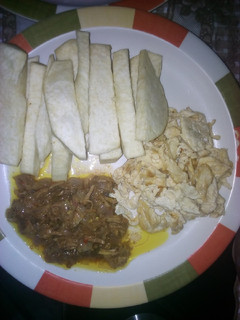 A picture of Fried yam, shredded beef and scrambled eggs.