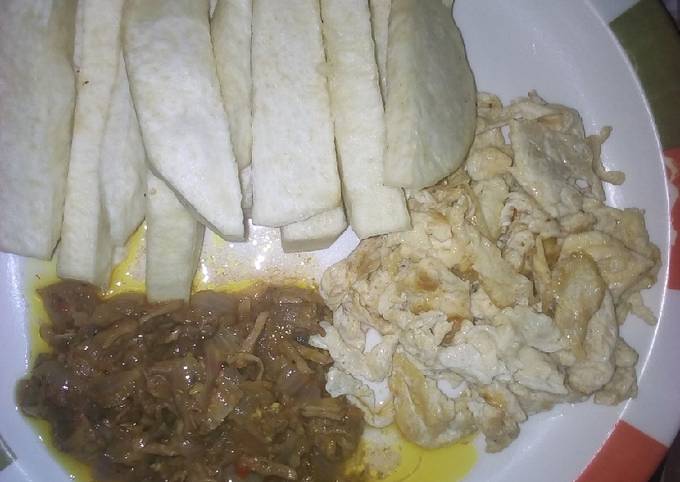 Fried yam, shredded beef and scrambled eggs Recipe by Rukky's Kitchen ...