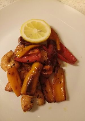 A picture of Spicy sweet peppers and prawns.
