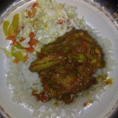 A picture of White rice and chicken sauce.