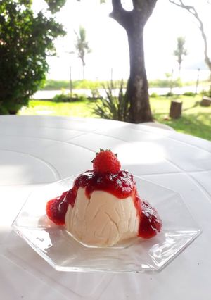 Una foto de Panna Cotta y culis de frutilla