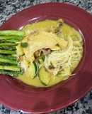Chicken Curry with Rice Noodles and Oven Roasted Asparagus
